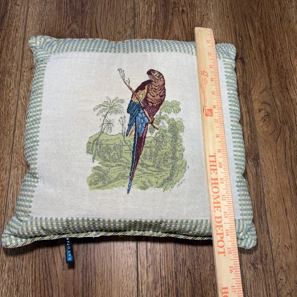 DakotaH Parrot Tapestry Throw Pillow Tropical Gingham Border Blue Green 15x15